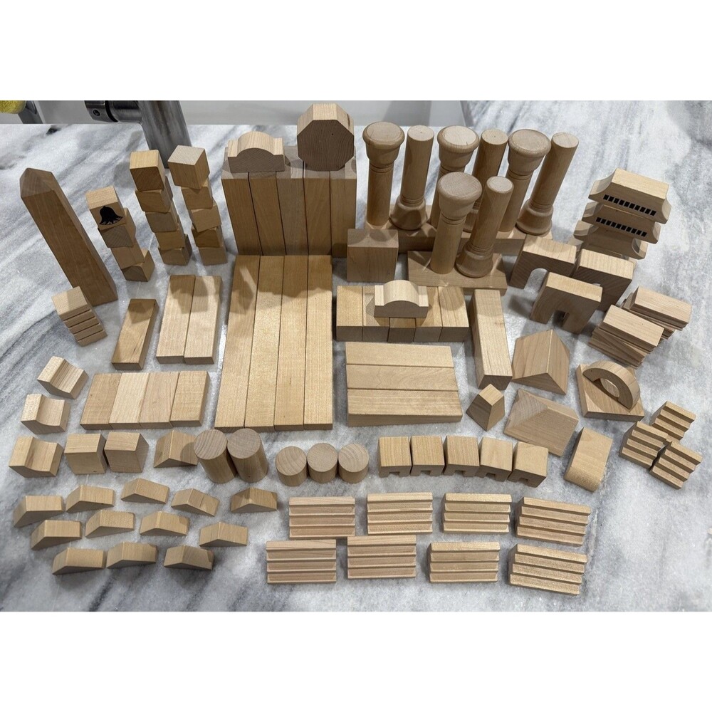 Approx. 115 Wood Block Set Architectural Building Unique Shapes Stairs Obelisk